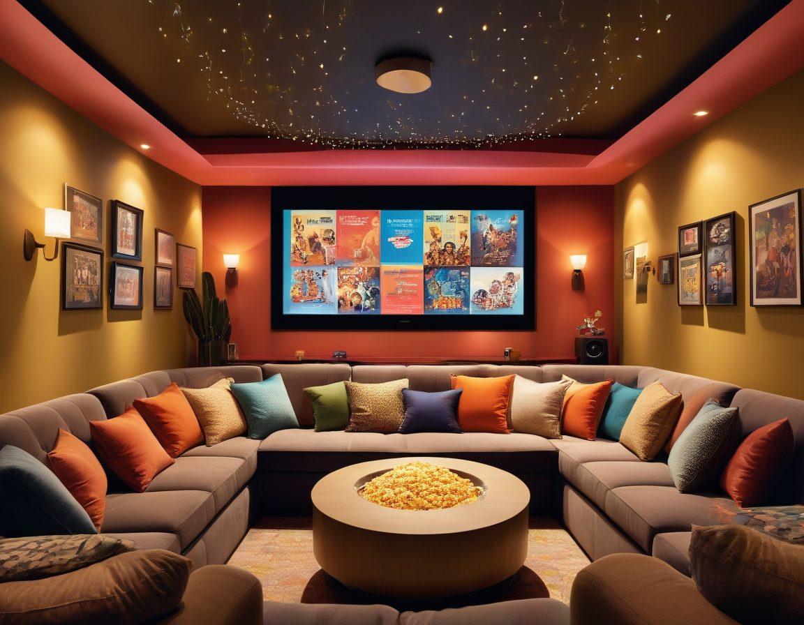 A vibrant and inviting scene showcasing a cozy home theater setting, with plush seating, warm lighting, and a large screen displaying colorful film reels. Include elements that suggest joy and entertainment, such as popcorn, drinks, and laughter. Surround the room with posters of classic and modern entertaining films, evoking a sense of nostalgia and excitement. Enhance the atmosphere with whimsical touches, like fairy lights and soft pillows. super-realistic. vibrant colors. cozy atmosphere.