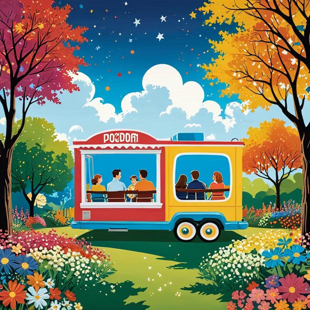 A whimsical landscape featuring a film reel flowing through a vibrant garden filled with various entertainment elements like popcorn, film characters, and critique bubbles. The background showcases an eclectic cinema with vintage posters and a bright sky. Capture the essence of joy and exploration in the world of films. vector art. vibrant colors. whimsical style.