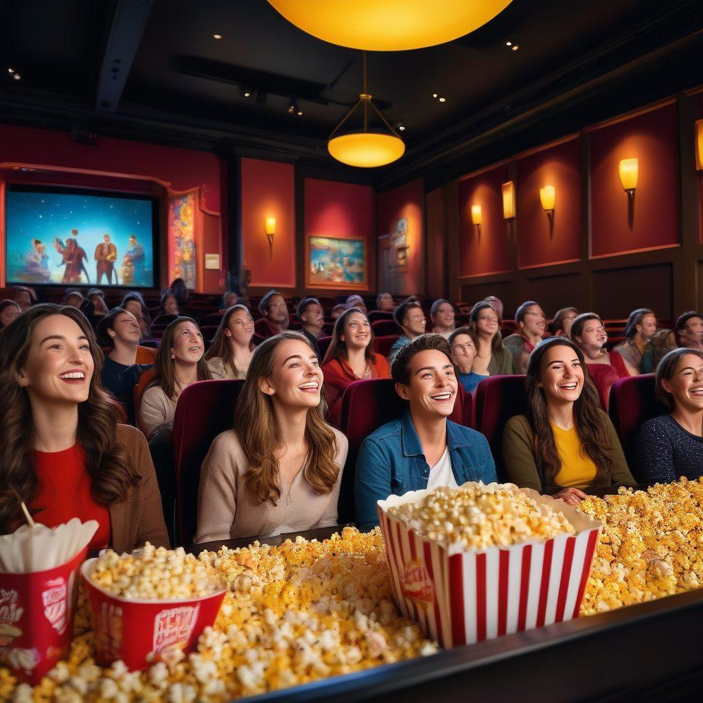 A whimsical cinema scene featuring a cozy, plush theater filled with adults enjoying a vibrant film screening, laughter and joy evident on their faces. The screen displays a colorful montage of diverse film genres, evoking a sense of happiness and thrill. Delightful snacks like popcorn and candy surround the audience, creating a festive atmosphere. Soft, warm lighting enhances the inviting ambiance of the theater. vector art. vibrant colors. dynamic composition.